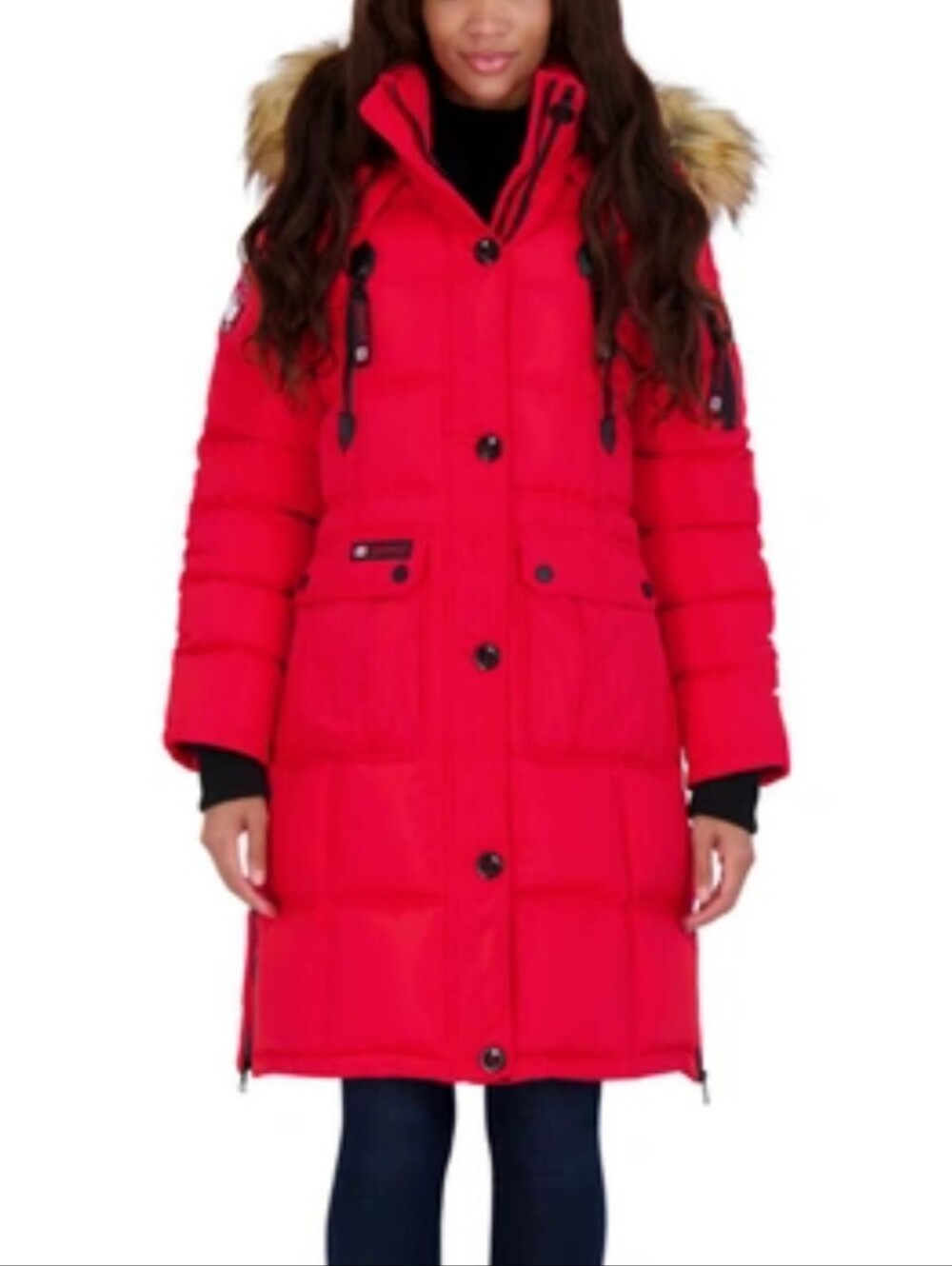 NWOT Canada Weather Gear Women's Red Long Puffer Coat with Faux Fur Trimmed Hood